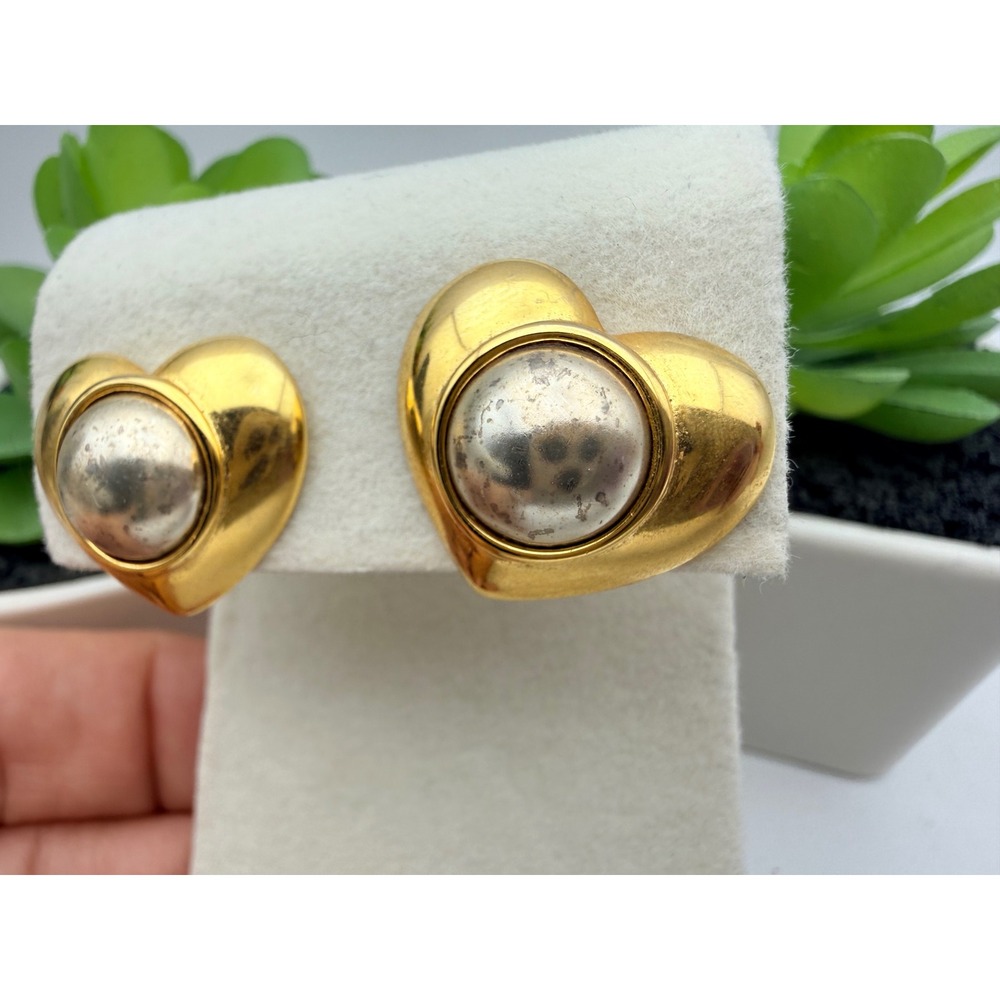 Liz Claiborne Heart Earrings Women Gold Silver Two Tone Vintage LCI Studs 1990s - Picture 3 of 7